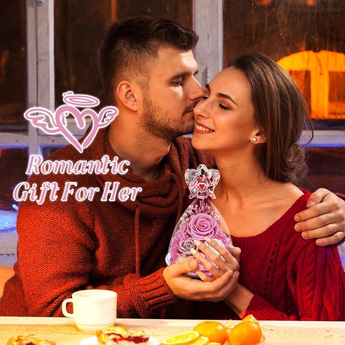 Preserved Flowers in Glass Angel Figurine with LED Light,Forever Real Roses Prime Eternal Flower Birthday Glitter Decorations for Her Women Mom Grandma Sister (Pink)