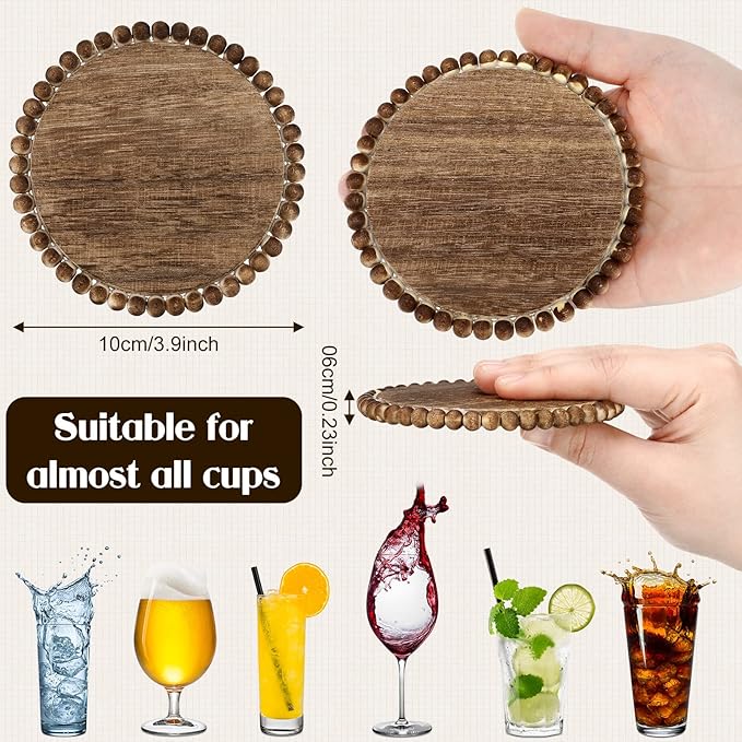 Honeydak 4 Pieces Wood Beaded Coasters 3.9 Inch Round Rustic Farmhouse Wooden Coasters for Drinks Decorative Table Top Wood Bar for Housewarming Home Kitchen(Dark Brown)