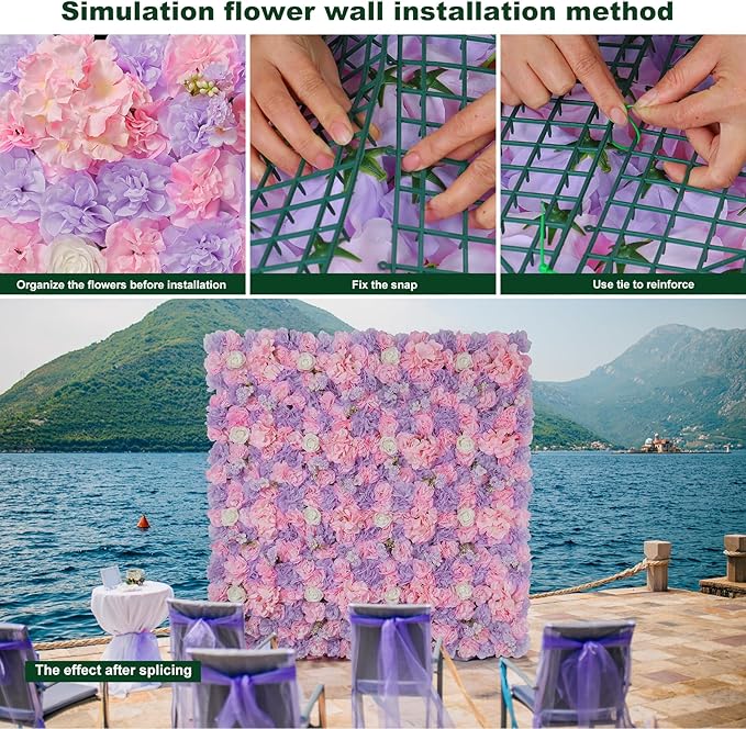 Flower Wall Backdrop12 pcs 16.5x16.5 Inch Floral Wall Panel Artificial Silk Rose Wall Decor Ideal for Wedding Celebrations, Festive Party Backdrops, and Home Decor-Pink and Purple