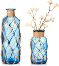 Chuangdi Set of 2 Coastal Glass Vases for Flower Small Flower Vase with Boho Rope Wrapping Beach Decorative Bottle for Coastal Nautical Table Centerpiece Wedding Floral Arrangement Decor (Navy Blue)