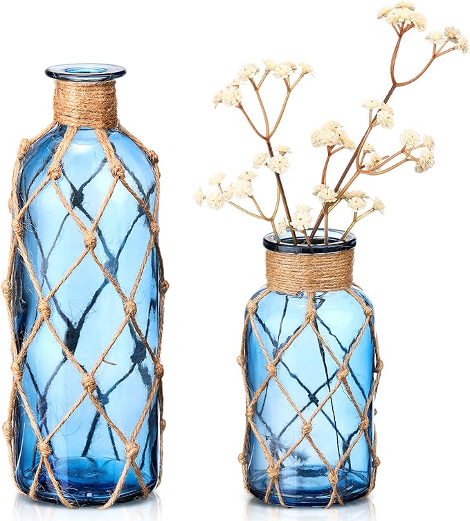 Chuangdi Set of 2 Coastal Glass Vases for Flower Small Flower Vase with Boho Rope Wrapping Beach Decorative Bottle for Coastal Nautical Table Centerpiece Wedding Floral Arrangement Decor (Navy Blue)