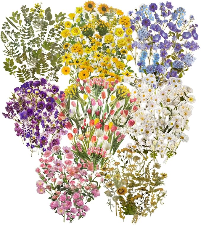 320 Pieces Pressed Flower Themed Stickers Set Floral Elements Transparent Natural Flower Stickers for Scrapbooking Junk Journal Planner Laptops
