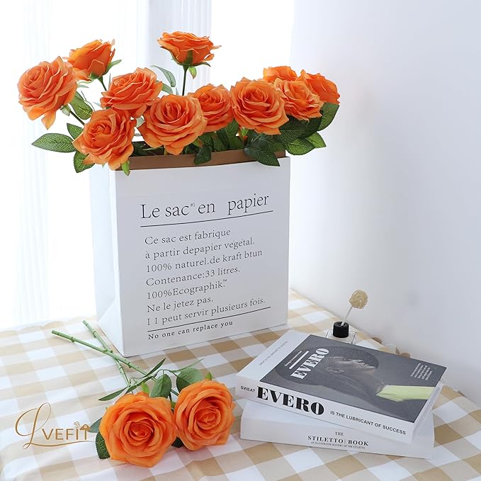 12pcs Artificial Rose Flower Orange Rose Orange Flower with Long Stem Silk Roses Bouquet for Wedding Bridal Shower Party Home Decoration