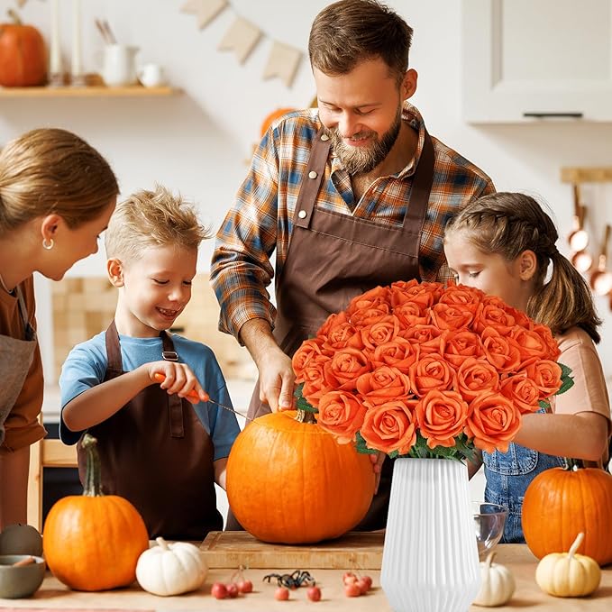 30pcs Fake Roses Artificial Silk Flowers Long Stems Bouquet for Wedding Bridal Shower Party Home Decoration (Orange)