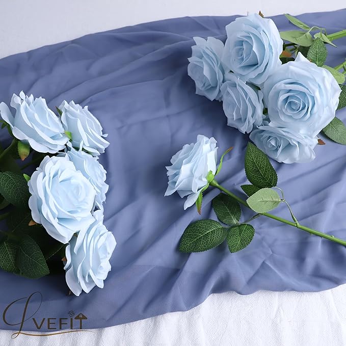 12pcs Artificial Rose Flower Ice Blue Rose Flower with Long Stem Silk Roses Bouquet for Wedding Bridal Shower Party Home Decoration