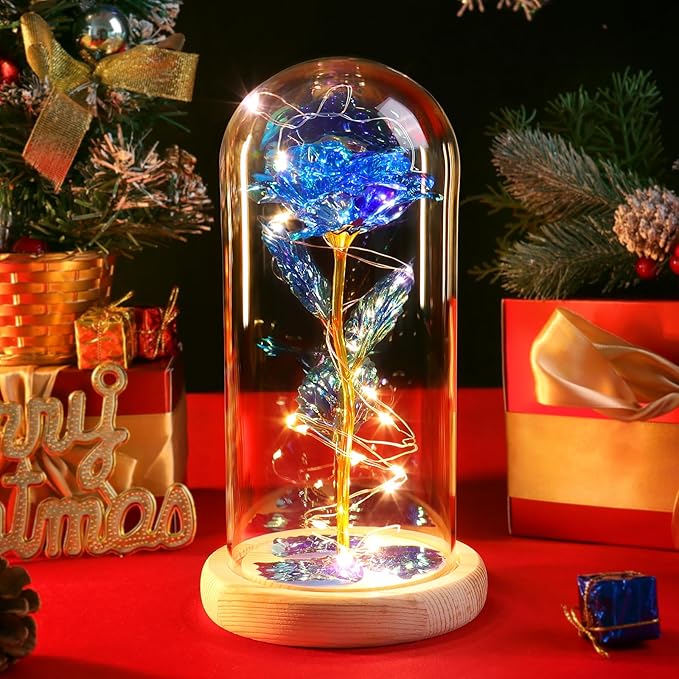 Beferr Mom Birthday Gifts for Women, Galaxy Glass Rose Forever Preserved Flowers for Delivery Prime Light Up Rose in Glass Dome Christmas Rose Gifts for Her Wife Daughter Friends, Blue