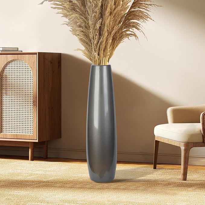 Silvery Ceramic Tall Floor Vase,24 Inch Large Modern Flower Vases for Home Décor,Wicker Big Floor Vases Decorations for Farmhouse, Living Room,Bedroom,Standing Plastic Vase Decorative Tall