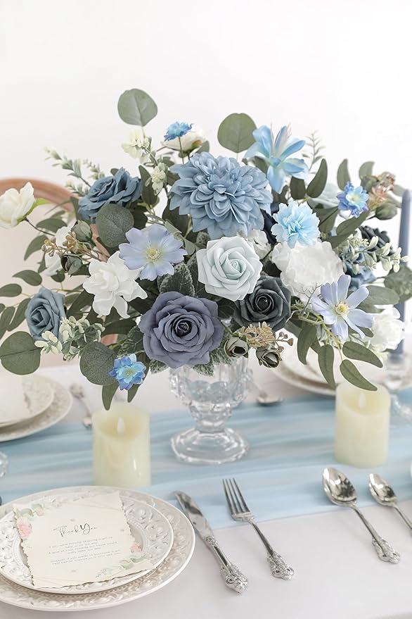 Blue Artificial Flowers Combo Set Fake Flower Leaf Box with Stemst for DIY Wedding Bridal Bouquet, Centerpieces, Home Decor, Floral Arrangement Decor(Blue)