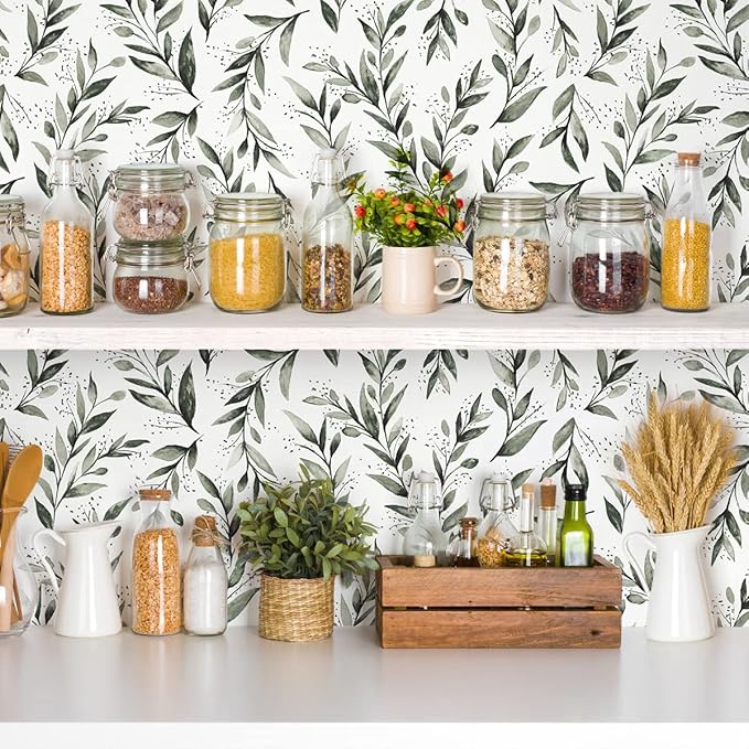 Erfoni Leaf Peel and Stick Wallpaper Dark Green Contact Paper 17.7inch x 236.2inch Greenery Eucalyptus Wallpaper Peel and Stick Leaves Plant Self Adhesive Wall Paper for Laundry Room Walls Decor