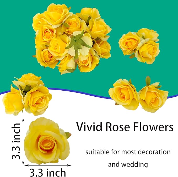 Artificial Satin Rose Flower Heads,42 Pcs Silk Rose Heads with Stems,3.5'' Rose Artificial Flowers Bulk,Artificial Rose Flower Heads for DIY Crafts Bouquet (42, Yellow)