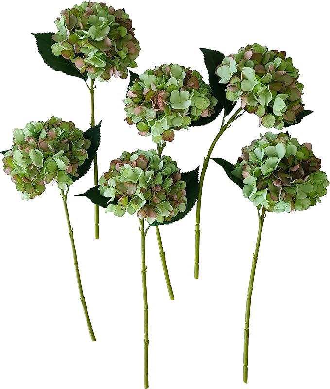 Green Hydrangea Artificial Flowers,6 Pcs Faux Green Hydrangea Flowers, Artificial Hydrangeas Flowers with Stems,Fake Hydrangea Flowers, Hydrangea Silk Flowers (6, Green)