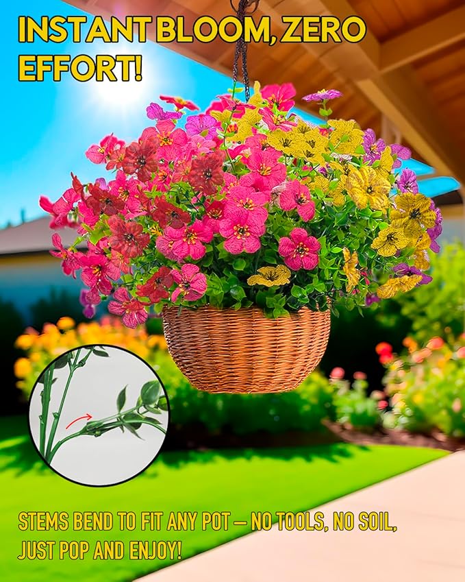 UV Resistant Daisy Faux Flowers for Outdoor Planters Hanging Basket Window Box - 18 Bundles Fake Flowers Outside with Eucalyptus, Realistic Silk Artificial Plants for Porch Garden Home Décorations