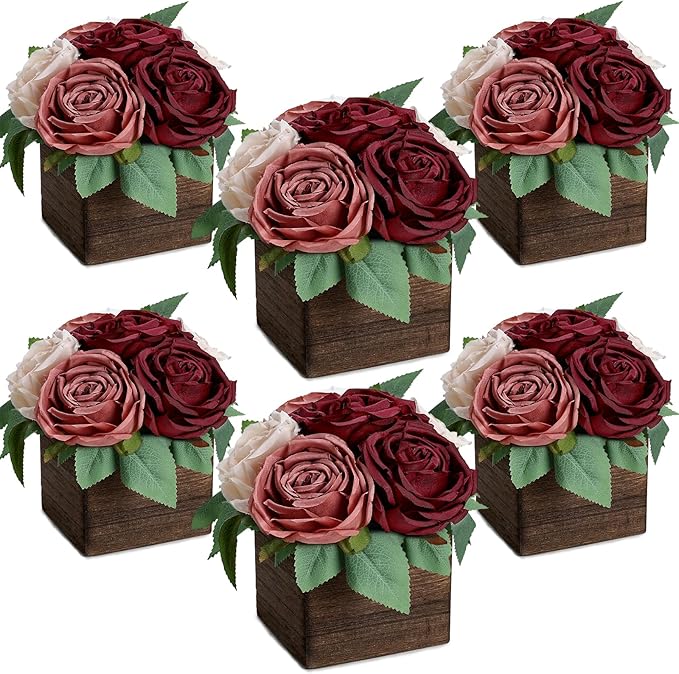 Dining Table Centerpiece Set of 6 - Pre-Made Aritifial Rose with Wooden Vase Fake Floral Arrangment Faux Flower for Wedding Bridal Tea Party Event Decorations - Burgundy & Dusty Pink