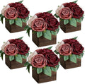 Dining Table Centerpiece Set of 6 - Pre-Made Aritifial Rose with Wooden Vase Fake Floral Arrangment Faux Flower for Wedding Bridal Tea Party Event Decorations - Burgundy & Dusty Pink