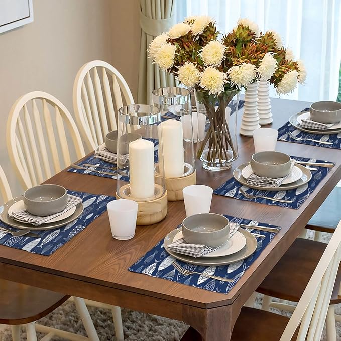 Japanese Fish Placemats Set of 6, Blue Fishing Country Double-Sided Table Mats for Kitchen Dining Room Home Party Indoor Decor 6 PCS 12x18 Inch