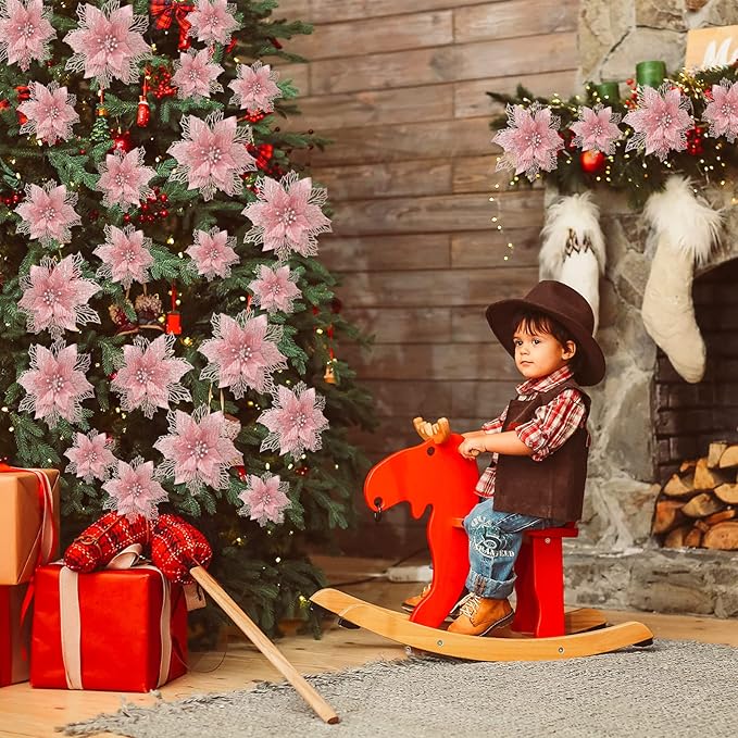 Geosar 24 Pieces Christmas Glitter Poinsettia Flowers Layered Artificial Xmas Flowers Wedding Christmas Tree New Year Ornaments 3/4/6 Inch(Rose Gold)