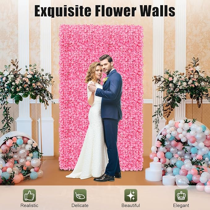10 PCS Flower Wall Panel 24" x 16" Artificial Flowers Wall Decoration Decorative Hydrangea Flower Panels Walls for Home Party Wedding Christmas Festival Photo Backgdrop Decor (10 PCS, Pink)
