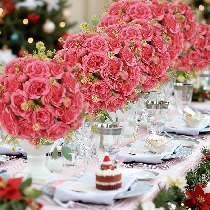 4 Packs Artificial Peonies Silk Flowers: Faux Peony Bouquet 4 Bundles, Fake Peonies Flowers Bulk for Centerpiece Table Wedding Party Home Decor for Vase Decoration (Rose Red)