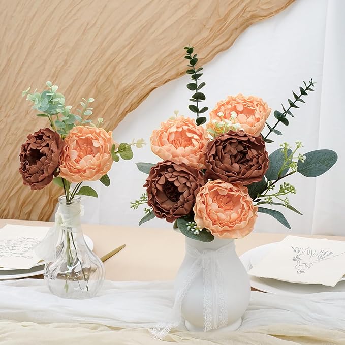 Artificial Flowers, 16pcs Realistic Rose for DIY Wedding Bouquets Centerpieces Arrangements, Terracotta Peonies Flowers with Stem Bridal Shower Party Home Decorations