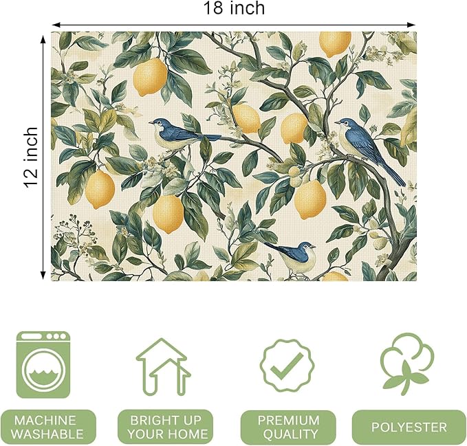 Lemon Placemats Set of 6 Washable Table Mats Summer Yellow Lemonade Stand Heat-Resistant Cotton Linen Place Mats for Dining Table Kitchen Indoor Outdoor Party Holiday Decor