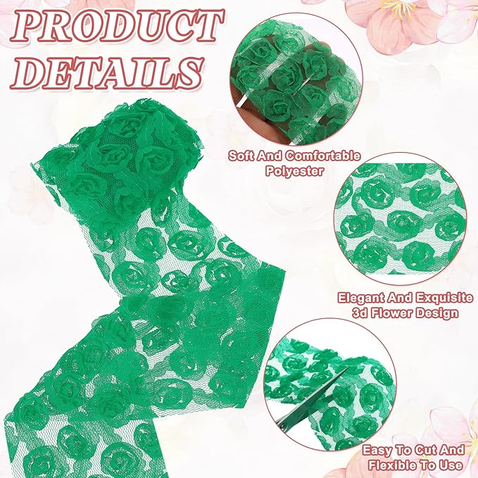 uxcell 2PCS Lace Trim Ribbon, 2.36 inch - 1 Yard 3D Rose Floral Embroidery Ribbons Edge Trimming for Sewing, Wedding Dress, DIY Crafts, Decoration Accessories, Dark Green