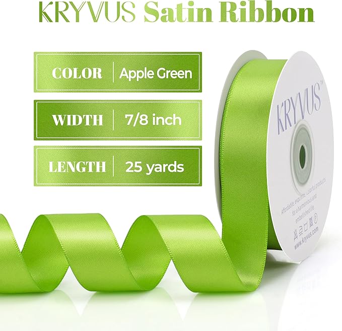 Apple Green Satin Ribbon, Double Faced 7/8 Inch X 25 Yards Apple Green Ribbon, Premium Satin Ribbon for Gift Wrapping, Crafts, Hair Bow Making, Sewing, Flower Bouquet, Wedding Party Decor