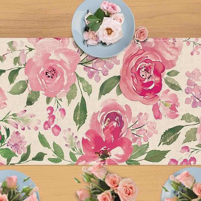 Seliem Spring Summer Watercolor Flower Table Runner, Pink Peony Floral Kitchen Dining Table Decor, Seasonal Burlap Home Decoration Indoor Outdoor Party Supply 13 x 48 Inches