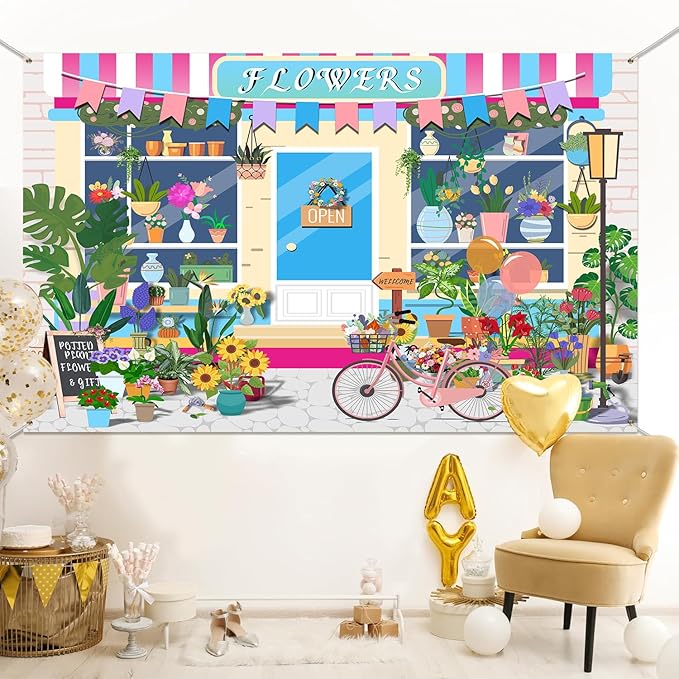 HANYING 10x7ft Cartoon Flower Shop Photo Backdrop Floral Pot Plants Gardening Bicycle Photo Background Gifts Florists Baby Girls Birthday Bridal Shower Party Decorations Supplies HY030DX