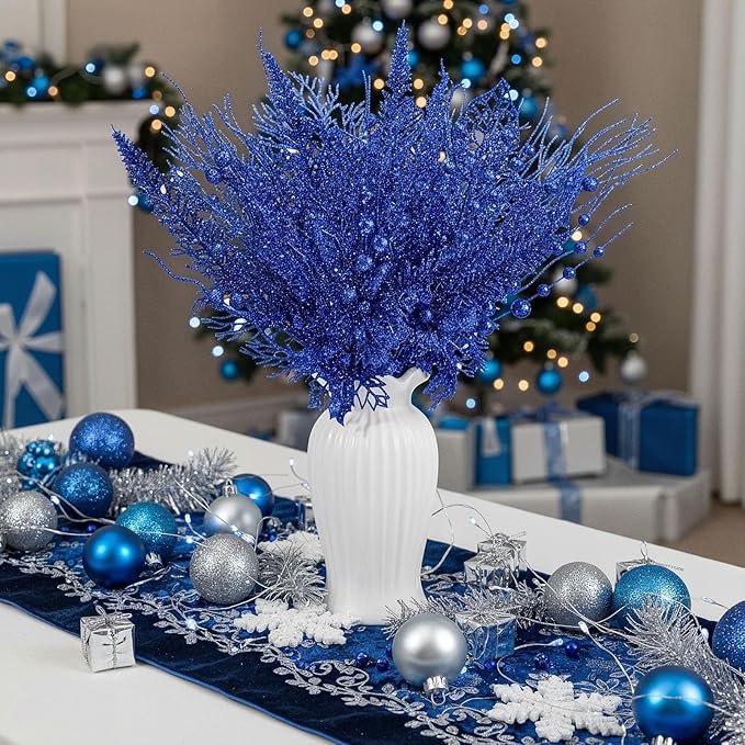 30 Pcs Artificial Christmas Tree Picks and Sprays Glitter Berry Stem Branches Holly Floral Picks Twigs Christmas Tree Ornaments for DIY Xmas Wreath Vase Filler Decorations(Royal Blue)