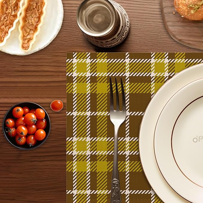 Fall Plaid Placemats Set of 6,Washable Heat Resistant 12×18 Inch Linen Table Mats, Place Mats for Thanksgiving, Christmas, Autumn Dining Decor