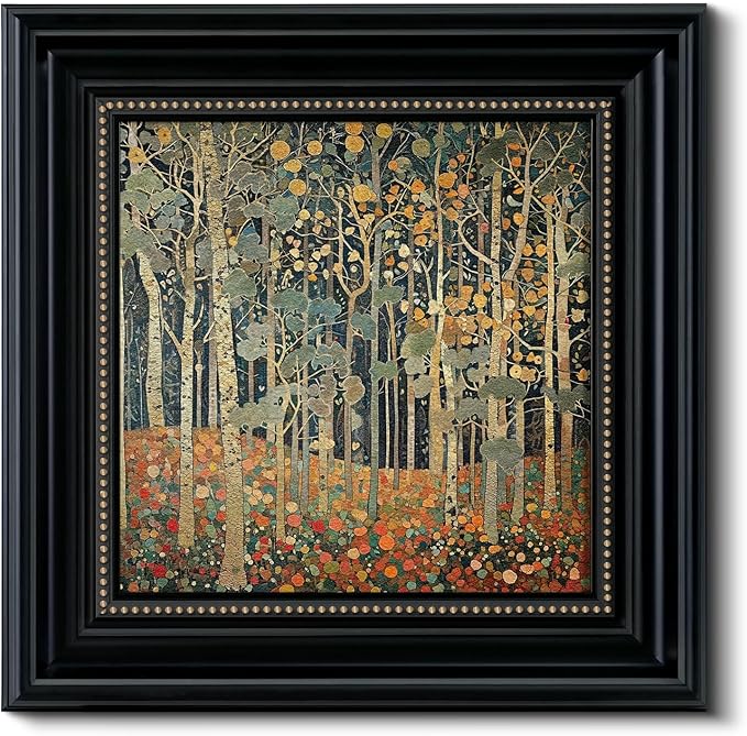 Vintage 3D Textured Framed Autumn Forest Wall Art 16x16 Botanical Tree Decorative Painting, Sandstone Surface Landscape Artwork Black Frame Gold Dot, Home Room Bedroom Office Decor