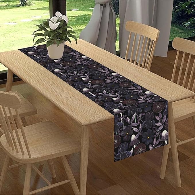Gothic Floral Table Runner, Dark Purple Vintage Garden Flower Witchy Mushroom Farmhouse Coffee Table Center Decor for Home Kitchen Dining Patio Holiday Party Table Decorations 13x90 inches