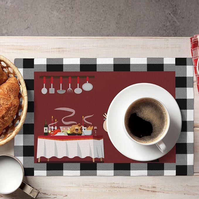 Chef Kitchen Linen Placemats Set of 4 Black White Buffalo Plaid Cooking Theme Placemats for Indoor Outdoor Party Home Desktop Dining Room Decor 12x18 Inch
