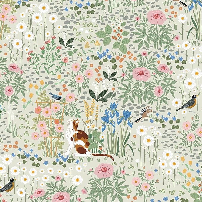 Heroad Floral Peel and Stick Wallpaper Light Green Wallpaper Boho French Country Contact Paper Cat Birds Removable Self-Adhesive Wall Paper for Bedroom Kitchen Cabinets Decoration Vinyl 17.3”x393”