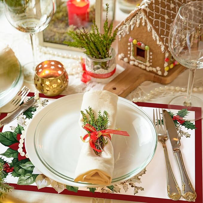 50 Pack Christmas Paper Placemats Poinsettia Disposable Place Mats Red Green Christmas Flower Decorative Paper Table Mats for Xmas Holiday Home Kitchen Table Top Decor