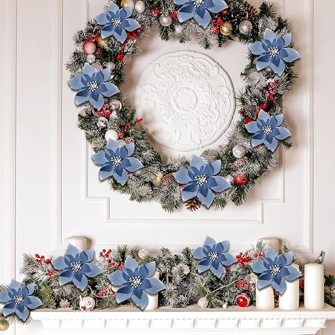 WILLBOND 24 Pcs 3 Size Poinsettia Flower Artificial Christmas Decor Glitter Poinsettia Christmas Ornaments Faux Flowers for Xmas Tree Outdoor(4/6/7.9 Inches,Dusty Blue)