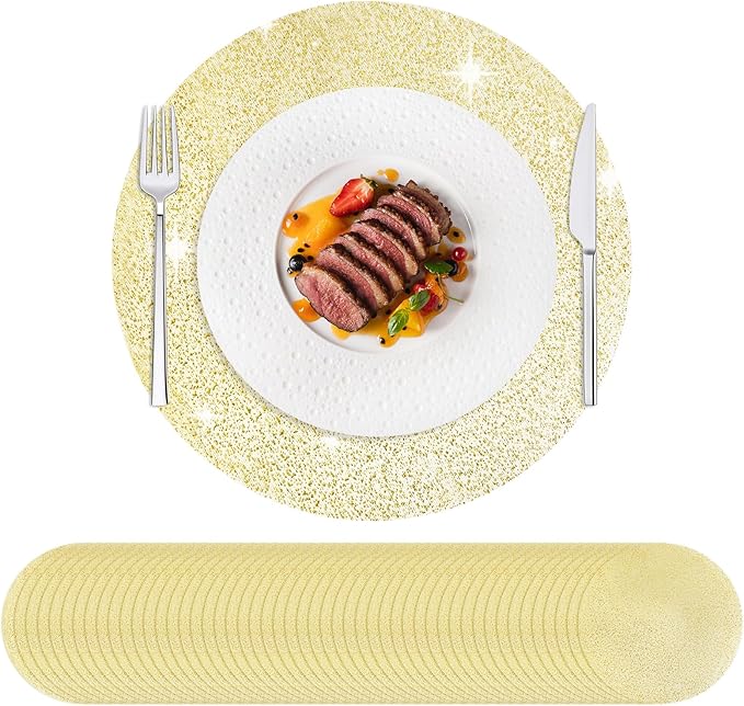 Hysenm 50 Pcs Disposable Gold Placemats Set Metallic 13 Inch Round Foil Mesh Pressed Table Doilies, Ultra-Thin Disposable Placement Mats for Home Decoration Dining Table Wedding Birthday Party