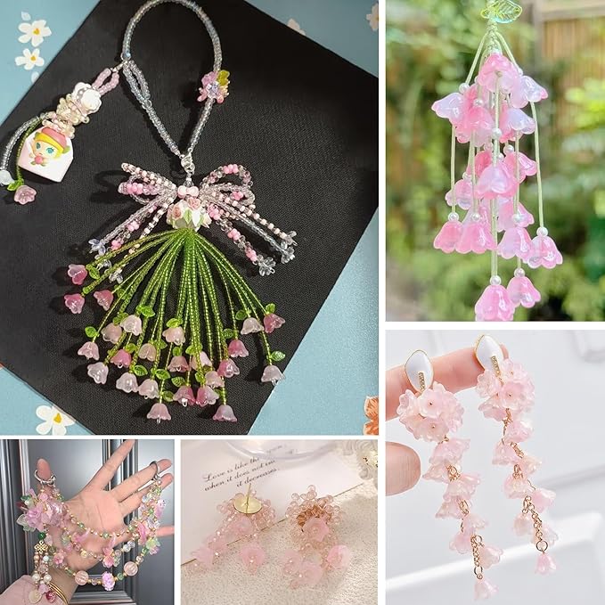 LadayPoa 350pcs Glass Bellflower Beads for Jewelry Making Trumpet Flower Beads Gradient Clear Cute Bead for Bracelets Making Aesthetic Bead Charms for DIY Necklace Decoration-Pink Series
