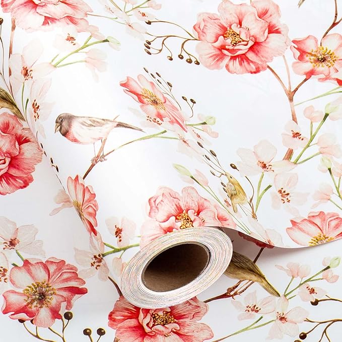 MAYPLUSS Gift Wrapping Paper Roll - Romantic Watercolor Pink Flower and Birds Design Gift Wrap Paper for Wedding, Bridal Shower, Mother’s Day, Valentine's Day, Birthday, Anniversay (17 Inch X 33Feet)