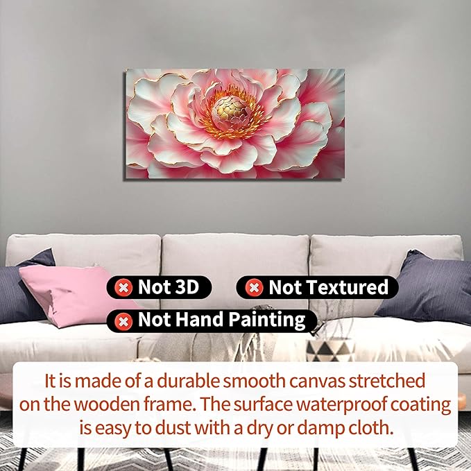 Pink & White Peony Floral Canvas Wall Art with Gold Accents, Abstract Flower Pictures for Living Room Bedroom Wall Decor, Horizontal Printed Painting Artwork Home Decorations, Size 48x24 Inches
