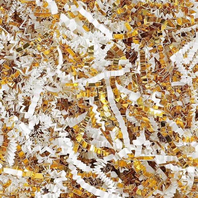 Uptotop 2 LB Crinkle Cut Paper Shred Filler for Gift Wrapping Basket Filling, Birthday, Christmas, Thanksgiving, Wedding, Mother's Day, White and Gold