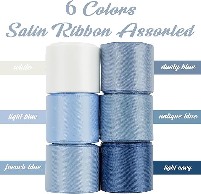 HUIHUANG Blue Ribbon 1-1/2" Dusty Blue/French Blue/Antique Blue/Navy/Light Blue and White Satin Ribbons for Wedding Flower Bouquet Hair Bows Gift Wrapping Crafts- 6 Rolls, Total 30 Yards
