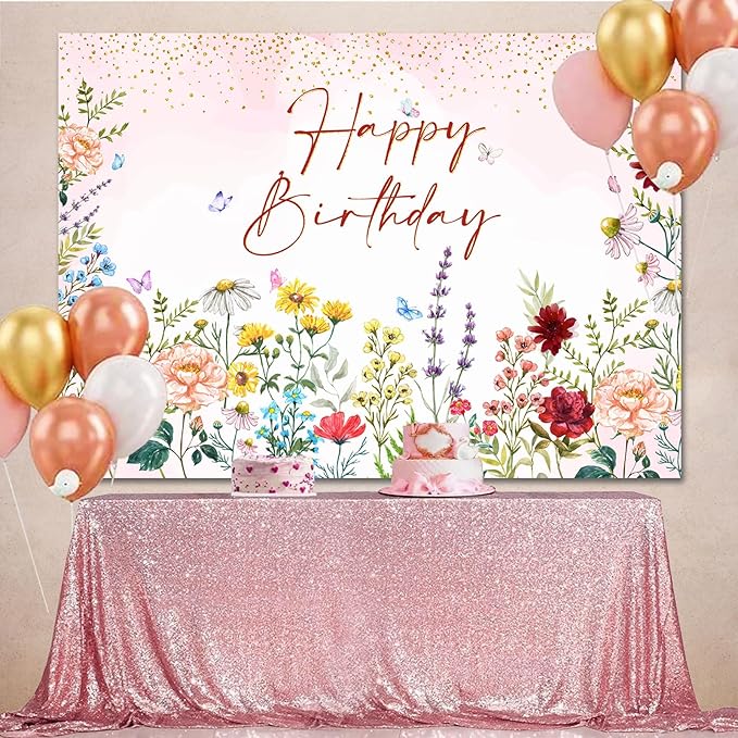 Wildflower Happy Birthday Backdrop Banner Girls Floral Birthday Decorations,Spring Watercolor Wildflower Bday Background Women Girls Wild Flowers Theme 1st Birthday Party Decor Photo Booth Props 5x3ft