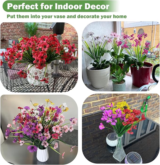 Nepfaivy Fake Outdoor Flowers Uv-Resistant - 24 Bundles 6 Colors Realistic Artificial Flowers, Plastic Faux Flowers for Outdoor Planters, Silk Fake Flowers for Outside to Decor Patio Porch Garden Yard