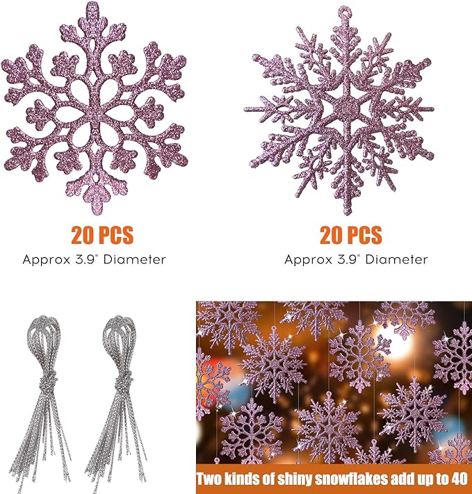 RECUTMS 40 Pieces Pink Christmas Glitter Snowflake Ornaments Hanging Snowflake Christmas Tree Decorations for Christmas Party and Home Decor,4 Inches,2 Pattern (Pink)