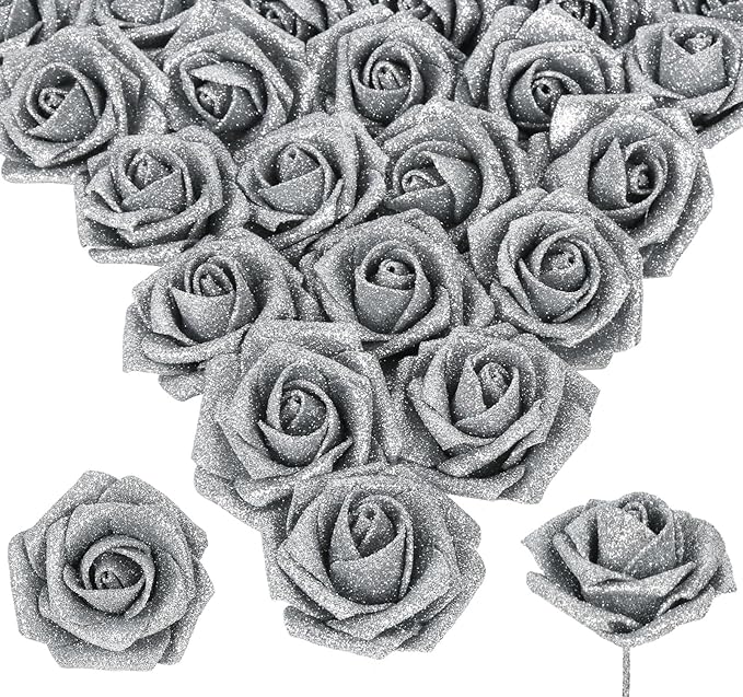 Glitter Silver Roses Artificial Flowers 30pcs Silver Flowers Artificial Roses with Stems Glitter Roses for Wedding Corsage Floral Bridal Shower Centerpieces Table Decor