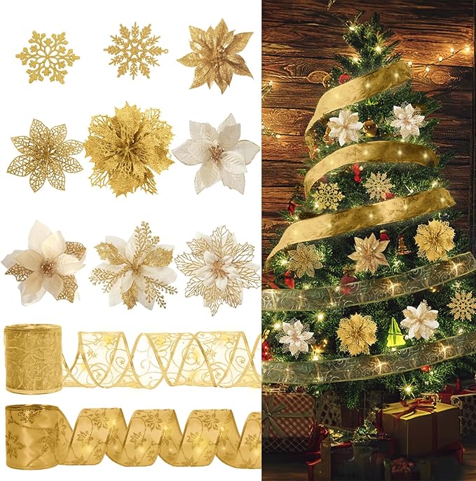 RECUTMS 72 Pcs Poinsettia with Snowflakes & Ribbon, 9 Designs Glitter Gold Artificial Christmas Flowers for Xmas Tree & Wedding Wreath Decor(Gold)