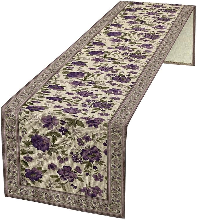Vintage Floral Table Runner, Elegant Purple Flowers Retro Design Table Runner for Kitchen Dining Holiday Party Decoration, 13x108 Inch