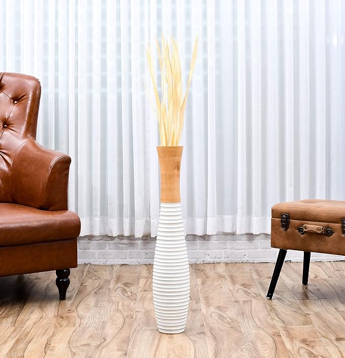Leewadee Large Ecru Home Decor Floor Vase - Wooden 26 inch Tall Farmhouse Decor Flower Holder for Fake Plant and Pampas Grass