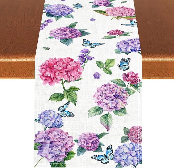 Hydrangea Table Runner, Spring Summer Watercolor Purple Floral Seasonal Country Farmhouse Coffee Table Center Decor for Home Kitchen Dining Patio Holiday Party Table Decorations 13x90 inches